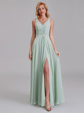 New Arrival V-Neck Sleeveless Chiffon Long Bridesmaid Dresses With Slit