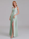 New Arrival V-Neck Sleeveless Chiffon Long Bridesmaid Dresses With Slit