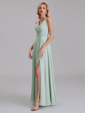 New Arrival V-Neck Sleeveless Chiffon Long Bridesmaid Dresses With Slit