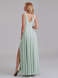 New Arrival V-Neck Sleeveless Chiffon Long Bridesmaid Dresses With Slit