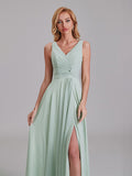 New Arrival V-Neck Sleeveless Chiffon Long Bridesmaid Dresses With Slit