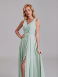 New Arrival V-Neck Sleeveless Chiffon Long Bridesmaid Dresses With Slit