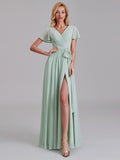 A-Line V-Neck Side Slit Chiffon Floor-Length Bridesmaid Dress With Short Sleeves