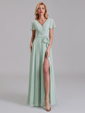 A-Line V-Neck Side Slit Chiffon Floor-Length Bridesmaid Dress With Short Sleeves