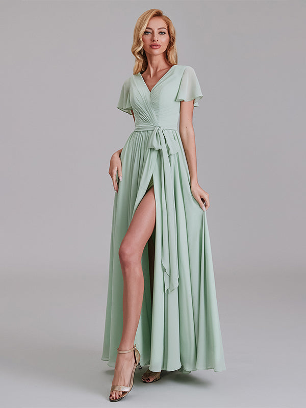 A-Line V-Neck Side Slit Chiffon Floor-Length Bridesmaid Dress With Short Sleeves