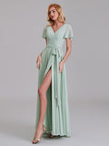 A-Line V-Neck Side Slit Chiffon Floor-Length Bridesmaid Dress With Short Sleeves