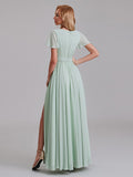 A-Line V-Neck Side Slit Chiffon Floor-Length Bridesmaid Dress With Short Sleeves