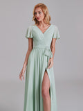 A-Line V-Neck Side Slit Chiffon Floor-Length Bridesmaid Dress With Short Sleeves