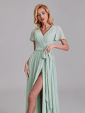 A-Line V-Neck Side Slit Chiffon Floor-Length Bridesmaid Dress With Short Sleeves