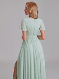 A-Line V-Neck Side Slit Chiffon Floor-Length Bridesmaid Dress With Short Sleeves