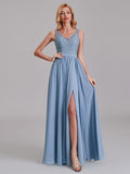 Elegant V-Neck Sleeveless Lace Chiffon Long Bridesmaid Dresses With Slit