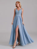 Elegant V-Neck Sleeveless Lace Chiffon Long Bridesmaid Dresses With Slit