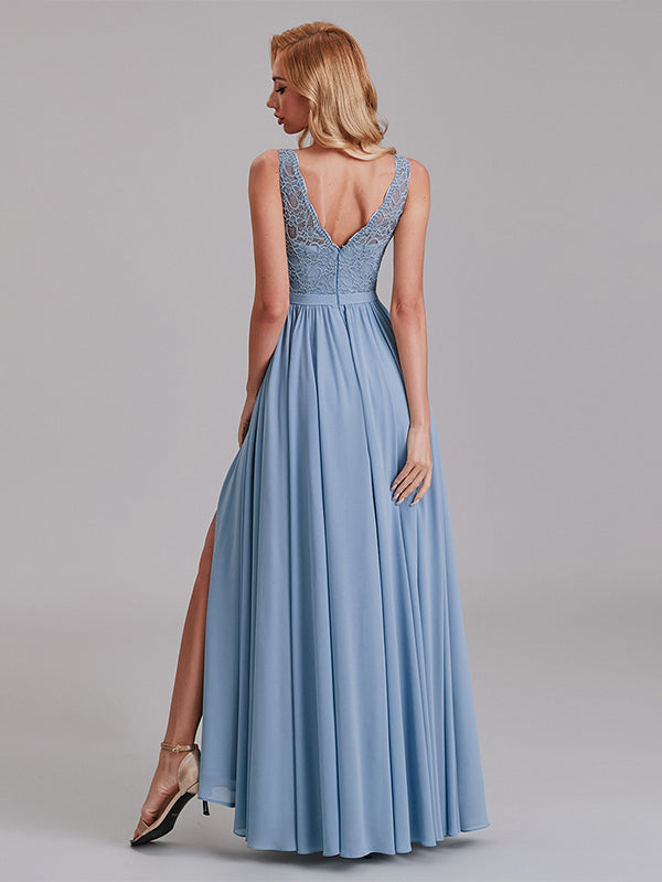 Elegant V-Neck Sleeveless Lace Chiffon Long Bridesmaid Dresses With Slit