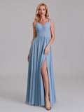 V-Neck Straps Side Slit Chiffon Floor-Length Bridesmaid Dress