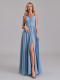 V-Neck Straps Side Slit Chiffon Floor-Length Bridesmaid Dress