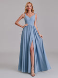 V-Neck Straps Side Slit Chiffon Floor-Length Bridesmaid Dress