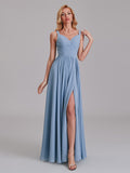 V-Neck Straps Side Slit Chiffon Floor-Length Bridesmaid Dress