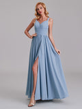 V-Neck Straps Side Slit Chiffon Floor-Length Bridesmaid Dress