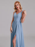 V-Neck Straps Side Slit Chiffon Floor-Length Bridesmaid Dress