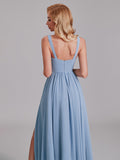 V-Neck Straps Side Slit Chiffon Floor-Length Bridesmaid Dress