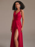 Sexy V Neck Backless Chiffon Bridesmaid Dresses with Slit