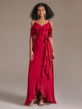 V-neck Floor-length Asymmetrical Red Bridesmaid Dress with Ruffle Sleeves