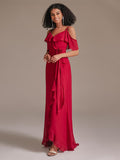 V-neck Floor-length Asymmetrical Red Bridesmaid Dress with Ruffle Sleeves