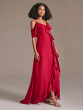 V-neck Floor-length Asymmetrical Red Bridesmaid Dress with Ruffle Sleeves