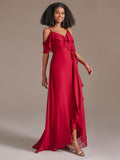 V-neck Floor-length Asymmetrical Red Bridesmaid Dress with Ruffle Sleeves
