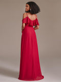V-neck Floor-length Asymmetrical Red Bridesmaid Dress with Ruffle Sleeves