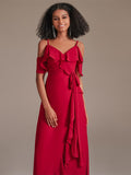 V-neck Floor-length Asymmetrical Red Bridesmaid Dress with Ruffle Sleeves