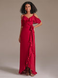 V-neck Floor-length Asymmetrical Red Bridesmaid Dress with Ruffle Sleeves
