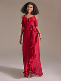 V-neck Floor-length Asymmetrical Red Bridesmaid Dress with Ruffle Sleeves