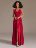 V-neck Spaghetti Straps Floor-length Red Bridesmaid Dress with Split