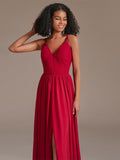 V-neck Spaghetti Straps Floor-length Red Bridesmaid Dress with Split