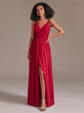 V-neck Spaghetti Straps Floor-length Red Bridesmaid Dress with Split