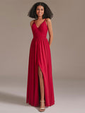 V-neck Spaghetti Straps Floor-length Red Bridesmaid Dress with Split