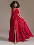 V-neck Spaghetti Straps Floor-length Red Bridesmaid Dress with Split