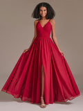 V-neck Spaghetti Straps Floor-length Red Bridesmaid Dress with Split