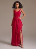 V-neck Spaghetti Straps Floor-length Red Bridesmaid Dress with Ruffle Split Front