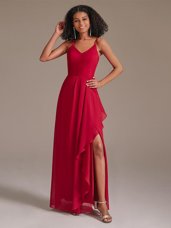 V-neck Spaghetti Straps Floor-length Red Bridesmaid Dress with Ruffle Split Front