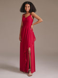 V-neck Spaghetti Straps Floor-length Red Bridesmaid Dress with Ruffle Split Front