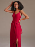 V-neck Spaghetti Straps Floor-length Red Bridesmaid Dress with Ruffle Split Front
