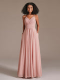 V-neck Spaghetti Straps Floor-Length High Waist Chiffon Bridesmaid Dress with Pockets