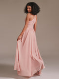 V-neck Spaghetti Straps Floor-Length High Waist Chiffon Bridesmaid Dress with Pockets