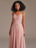 V-neck Spaghetti Straps Floor-Length High Waist Chiffon Bridesmaid Dress with Pockets