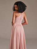 V-neck Spaghetti Straps Floor-Length High Waist Chiffon Bridesmaid Dress with Pockets