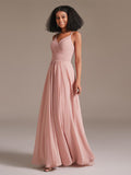 V-neck Spaghetti Straps Floor-Length High Waist Chiffon Bridesmaid Dress with Pockets