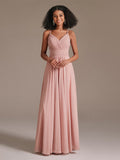 V-neck Spaghetti Straps Floor-Length High Waist Chiffon Bridesmaid Dress with Pockets