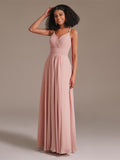 V-neck Spaghetti Straps Floor-Length High Waist Chiffon Bridesmaid Dress with Pockets